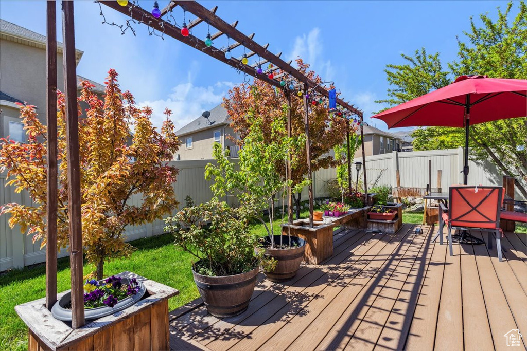 Wooden terrace with a fenced backyard, a yard, and outdoor dining space