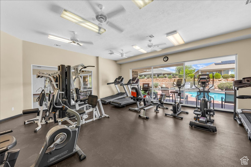 Workout area with visible vents, a textured ceiling, and ceiling fan
