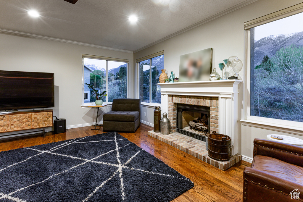 Living room with a brick fireplace, ornamental molding, recessed lighting, wood finished floors, and a mountain view