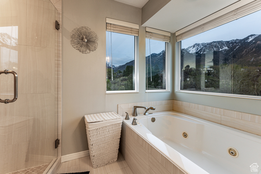 Full bath with tile patterned floors, a mountain view, a stall shower, and a tub with jets