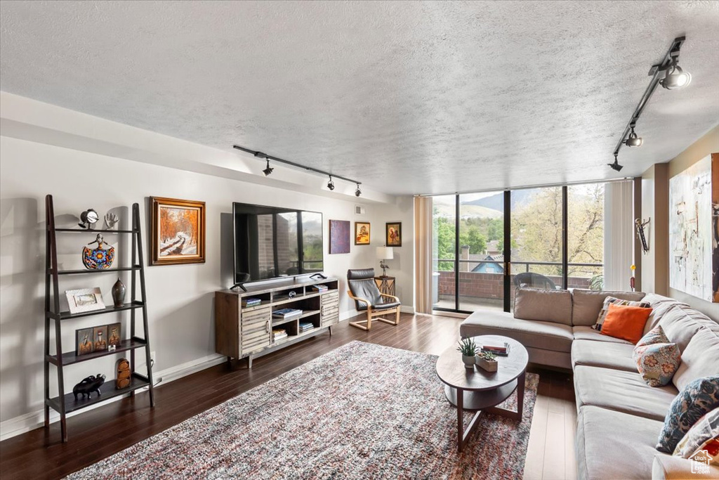 Living room featuring dark wood finished floors, baseboards, and rail lighting