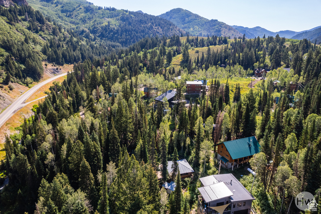 Aerial view featuring a view of trees and a mountain view