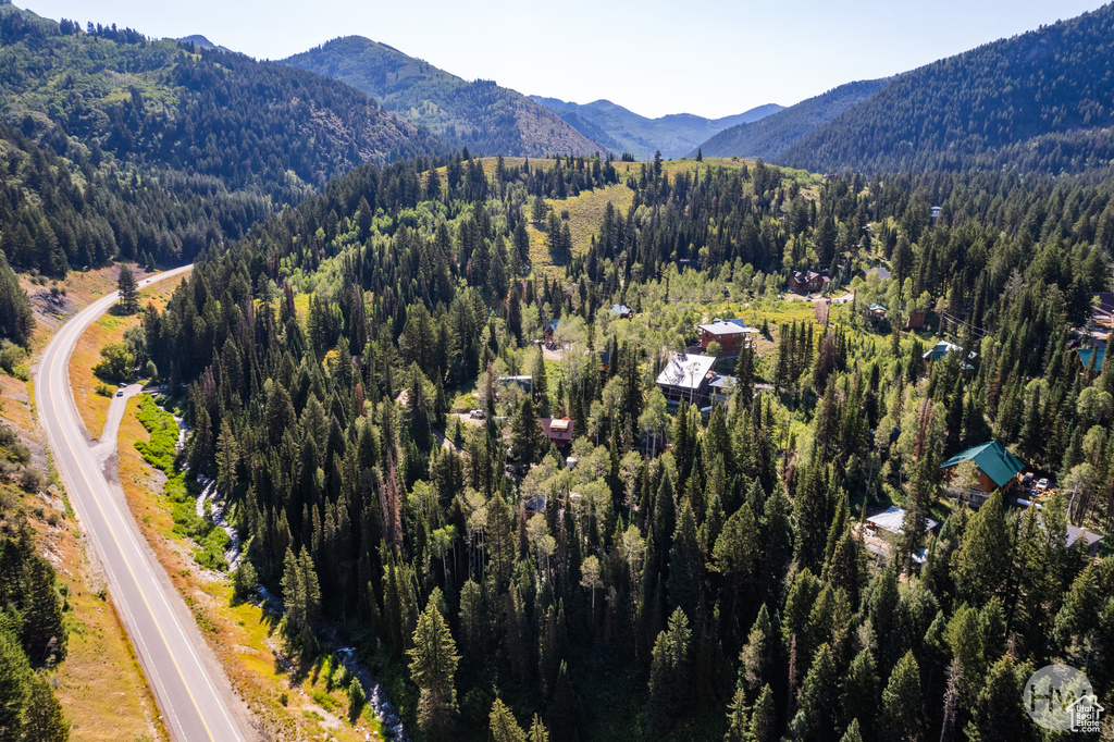 Drone / aerial view with a wooded view and a mountain view