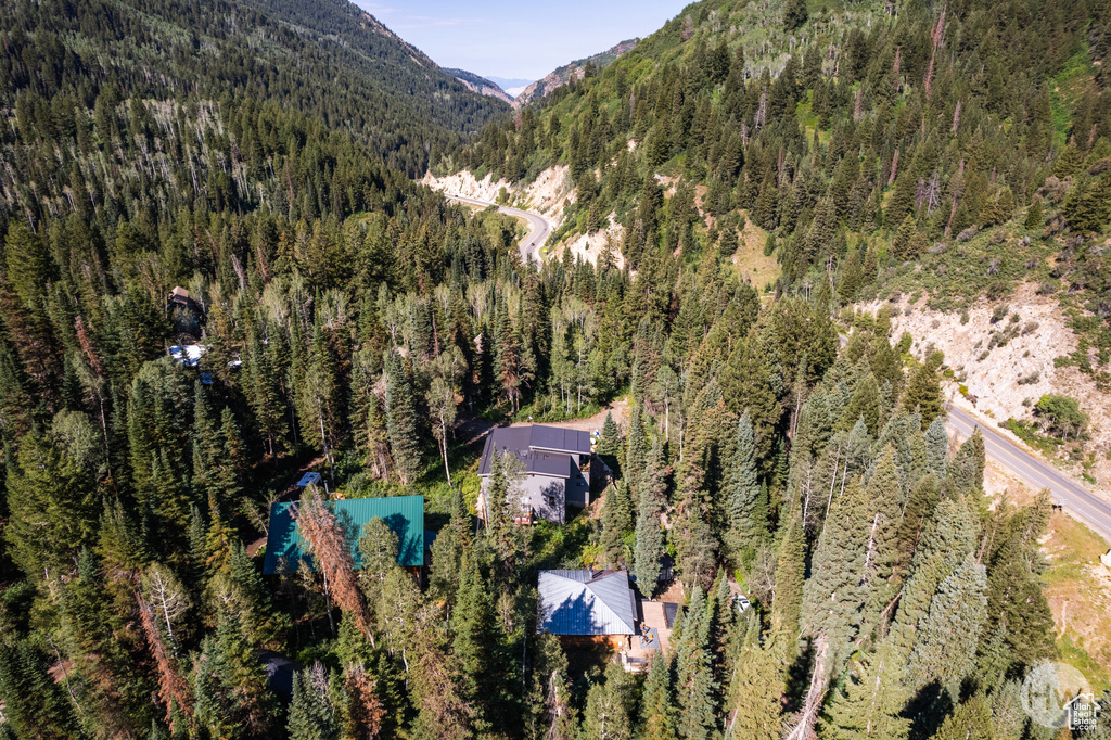 Birds eye view of property with a mountain view and a forest view