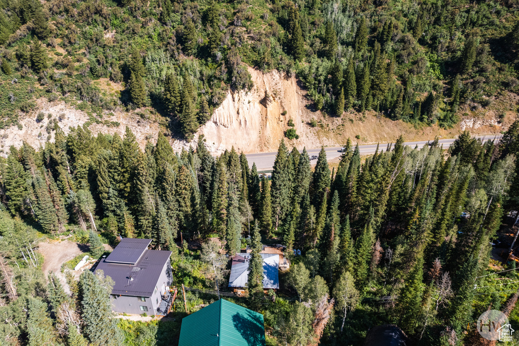 Drone / aerial view with a wooded view