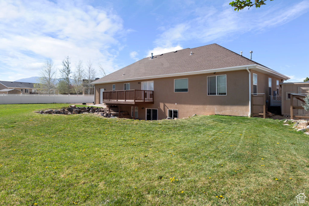 Rear view of property with fence, a shingled roof, stucco siding, a deck, and a yard