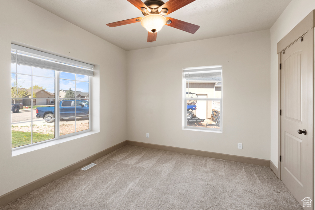 Empty room featuring baseboards, a wealth of natural light, and light carpet