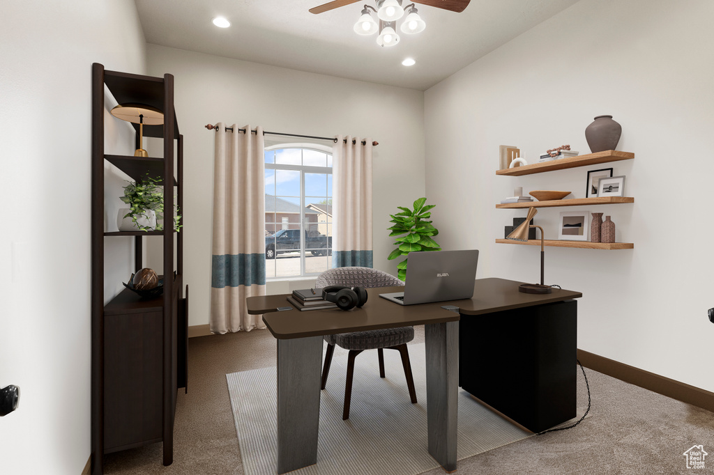 Carpeted office space featuring baseboards, ceiling fan, and recessed lighting