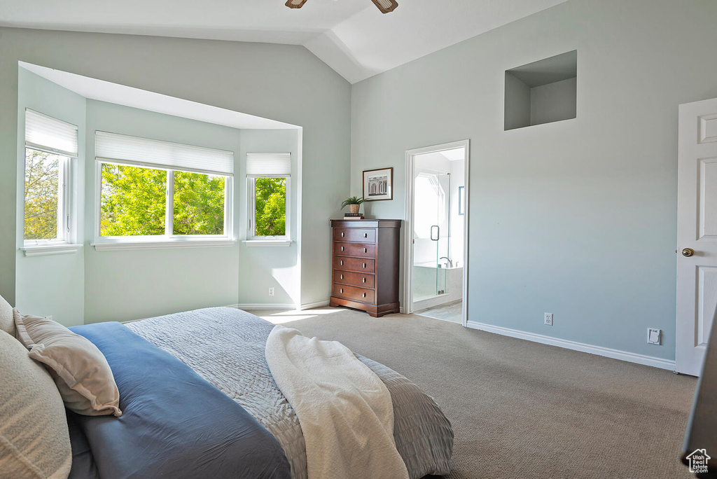 Carpeted bedroom with baseboards, vaulted ceiling, and ensuite bathroom