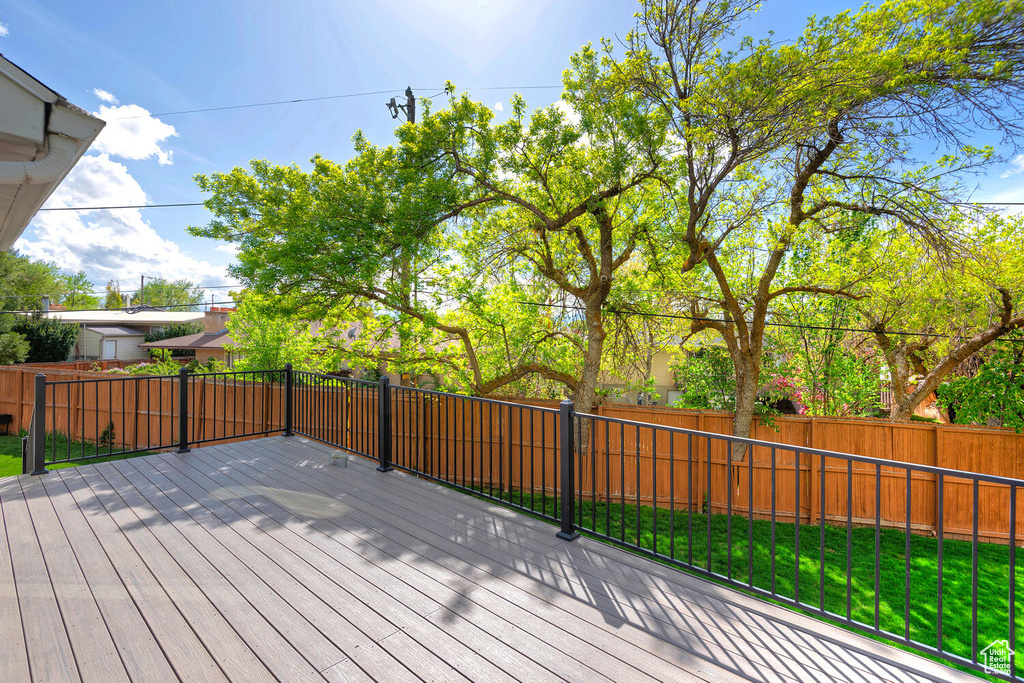 Wooden deck with a lawn and a fenced backyard