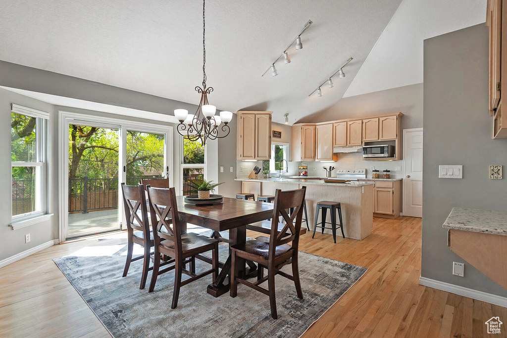 Dining space featuring track lighting, baseboards, a chandelier, light wood finished floors, and vaulted ceiling