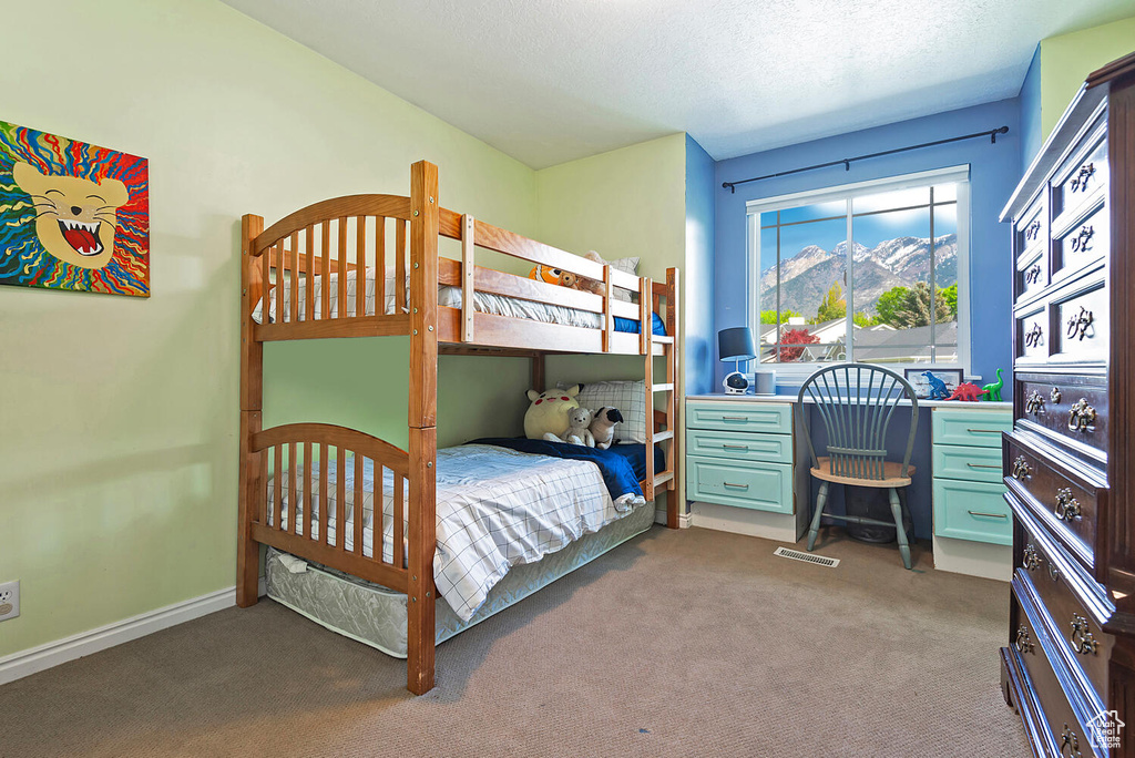 Bedroom featuring carpet flooring and a textured ceiling