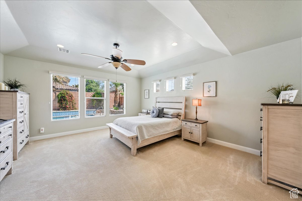 Bedroom featuring visible vents, baseboards, light colored carpet, recessed lighting, and a ceiling fan