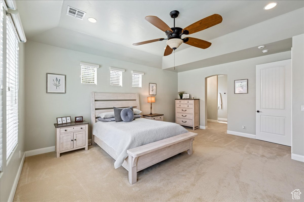 Bedroom featuring visible vents, recessed lighting, baseboards, and light colored carpet