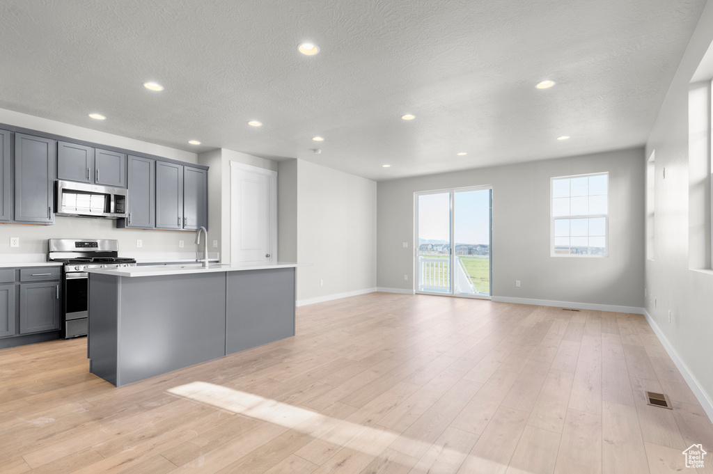Kitchen featuring stainless steel appliances, gray cabinetry, light countertops, an island with sink, and light wood-style floors