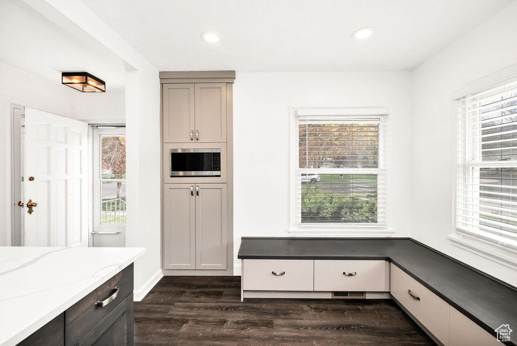 Mudroom with recessed lighting, dark wood-style flooring, and a wealth of natural light