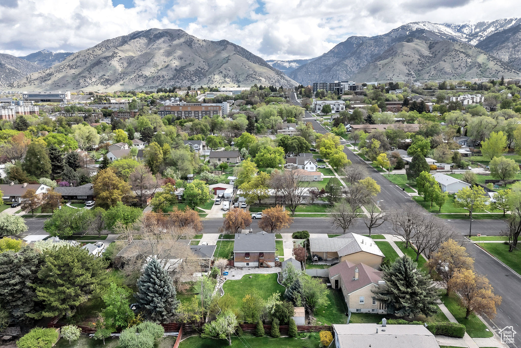 Aerial view featuring a mountain view