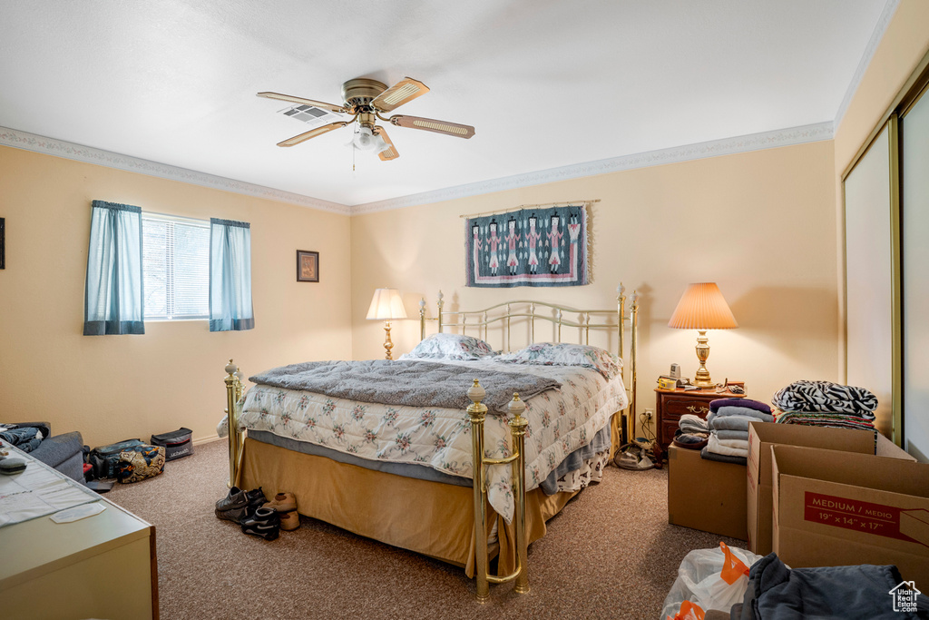 Bedroom with ceiling fan, visible vents, carpet floors, a closet, and ornamental molding