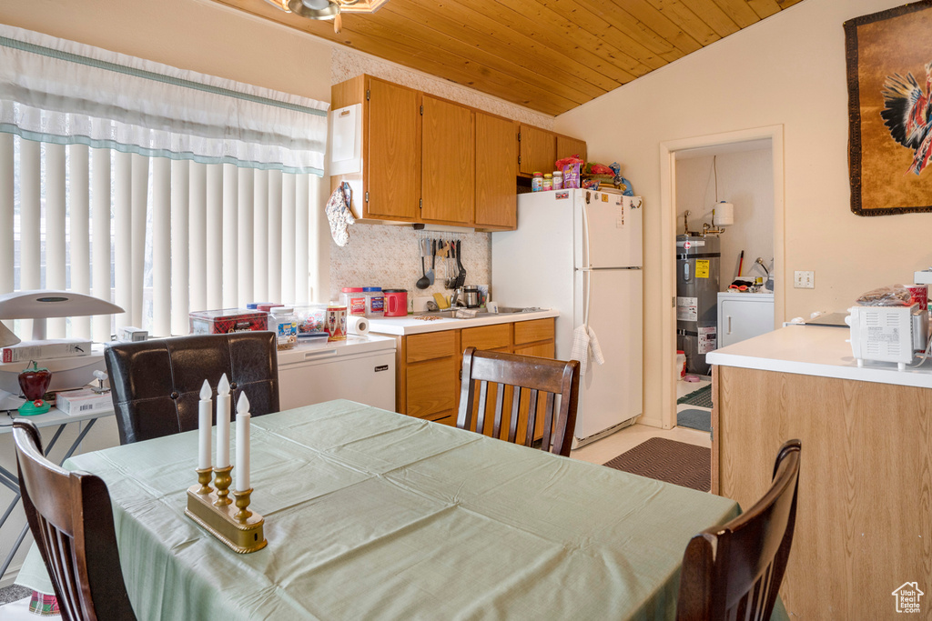 Dining area with secured water heater, wood ceiling, and lofted ceiling