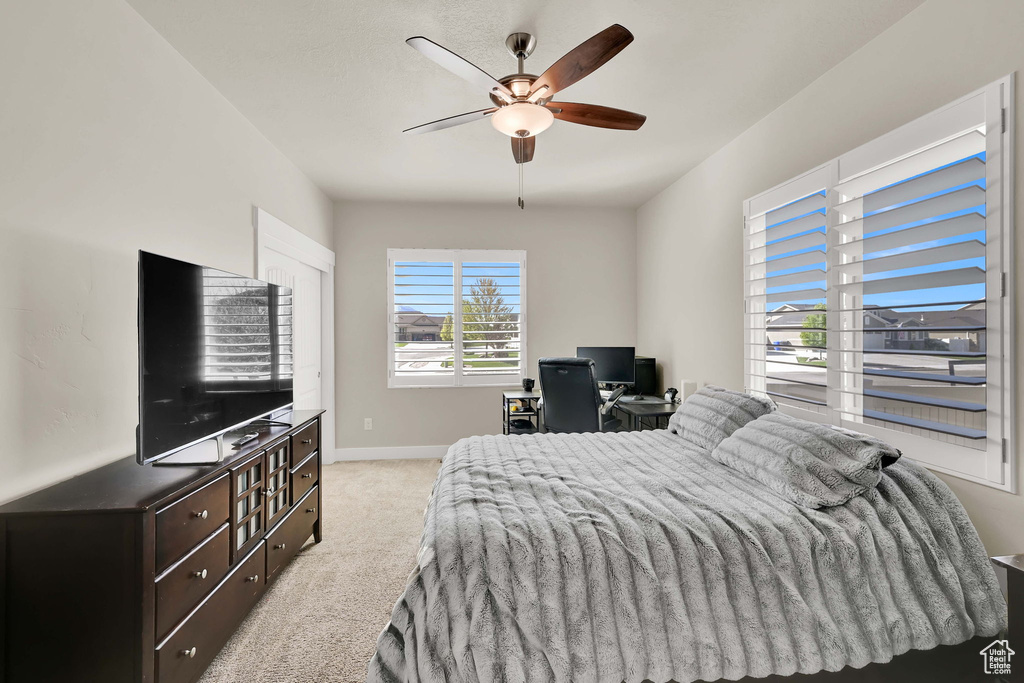 Bedroom featuring baseboards, a ceiling fan, and carpet