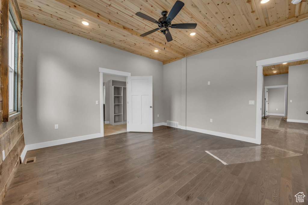 Unfurnished room with a ceiling fan, visible vents, wood ceiling, and recessed lighting