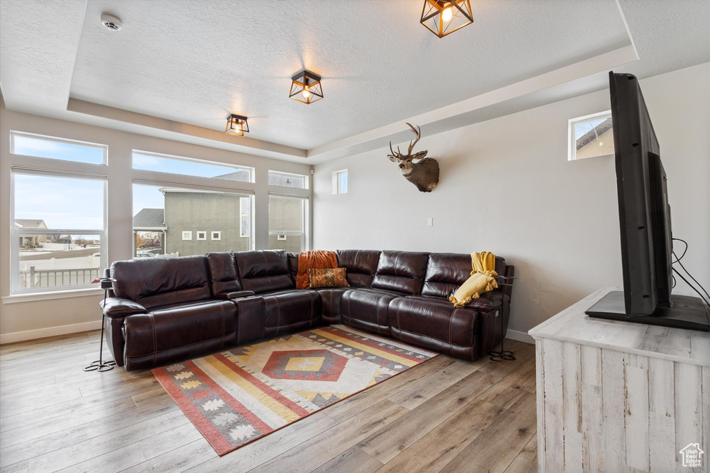 Living room with a raised ceiling, light wood finished floors, and a wealth of natural light