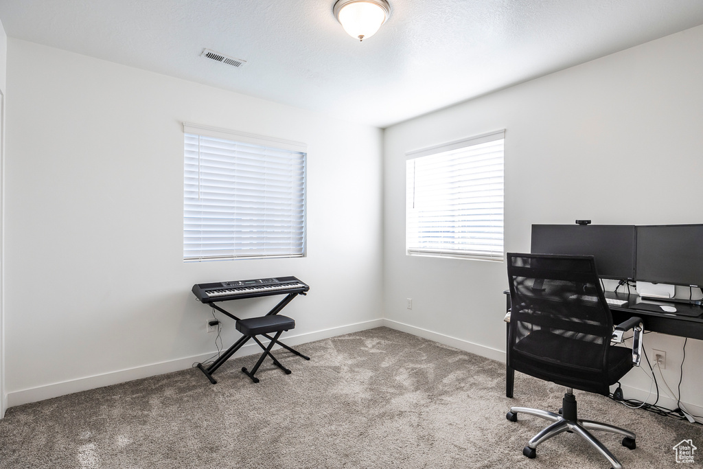 Carpeted office featuring baseboards and visible vents