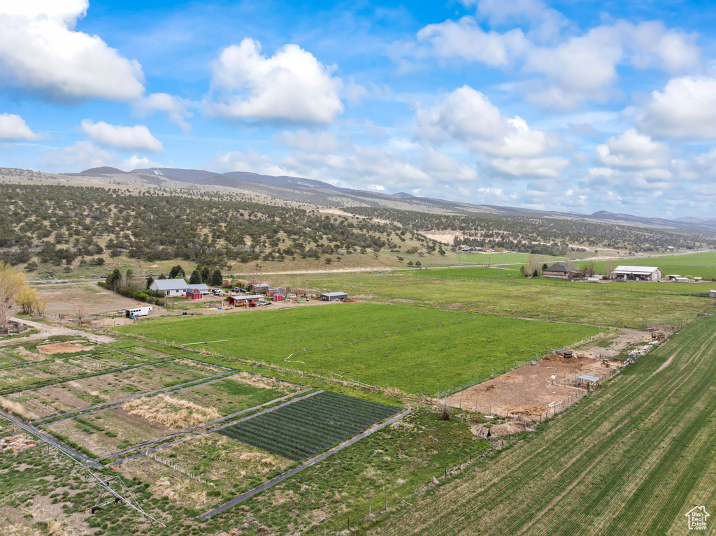 Drone / aerial view featuring a mountain view and a rural view