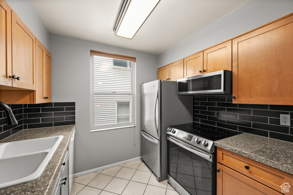 Kitchen with dark countertops, baseboards, a sink, appliances with stainless steel finishes, and backsplash