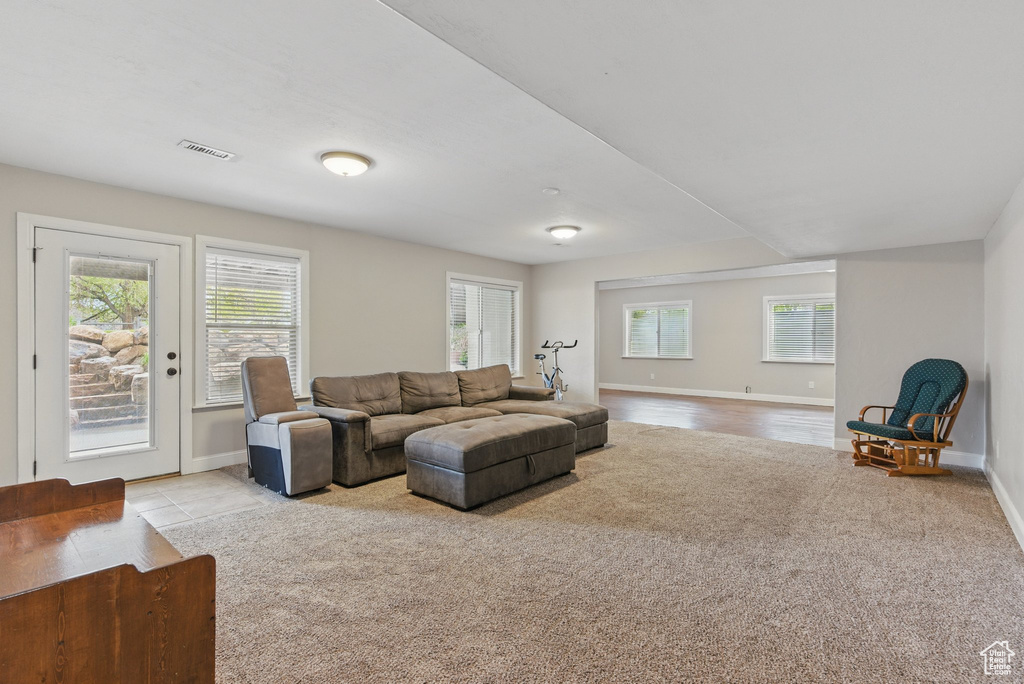 Living area with visible vents, baseboards, and carpet floors