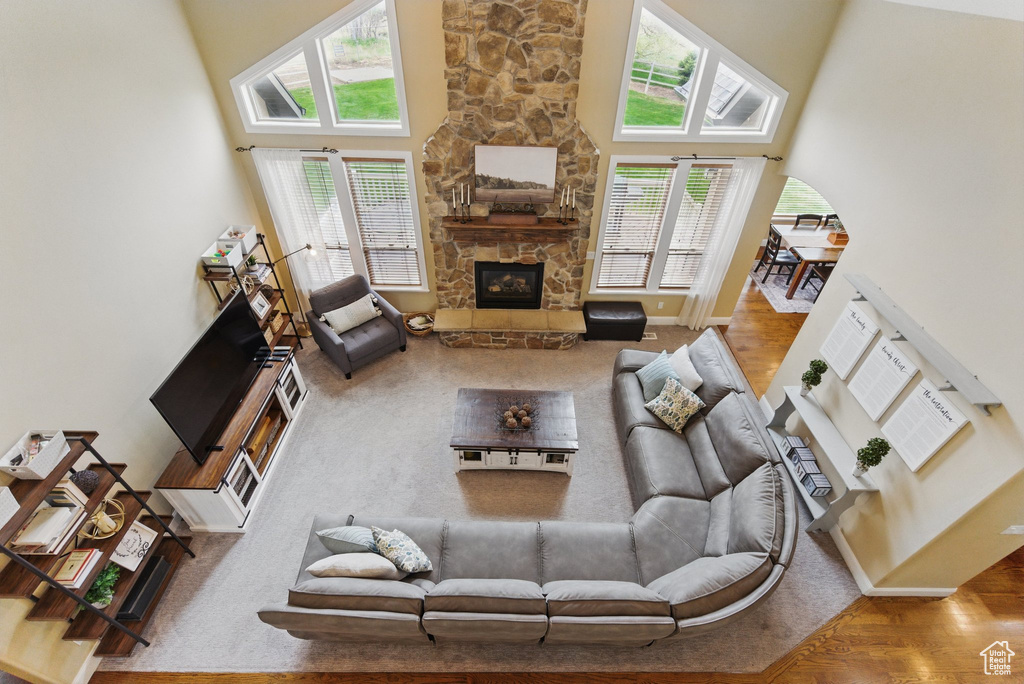 Living room with baseboards, a stone fireplace, wood finished floors, and a towering ceiling