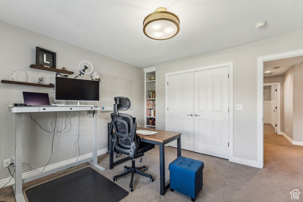 Home office with baseboards and carpet flooring
