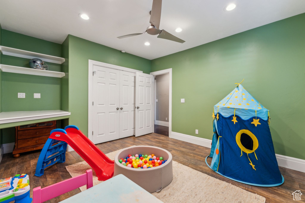 Rec room featuring baseboards, ceiling fan, recessed lighting, and wood finished floors