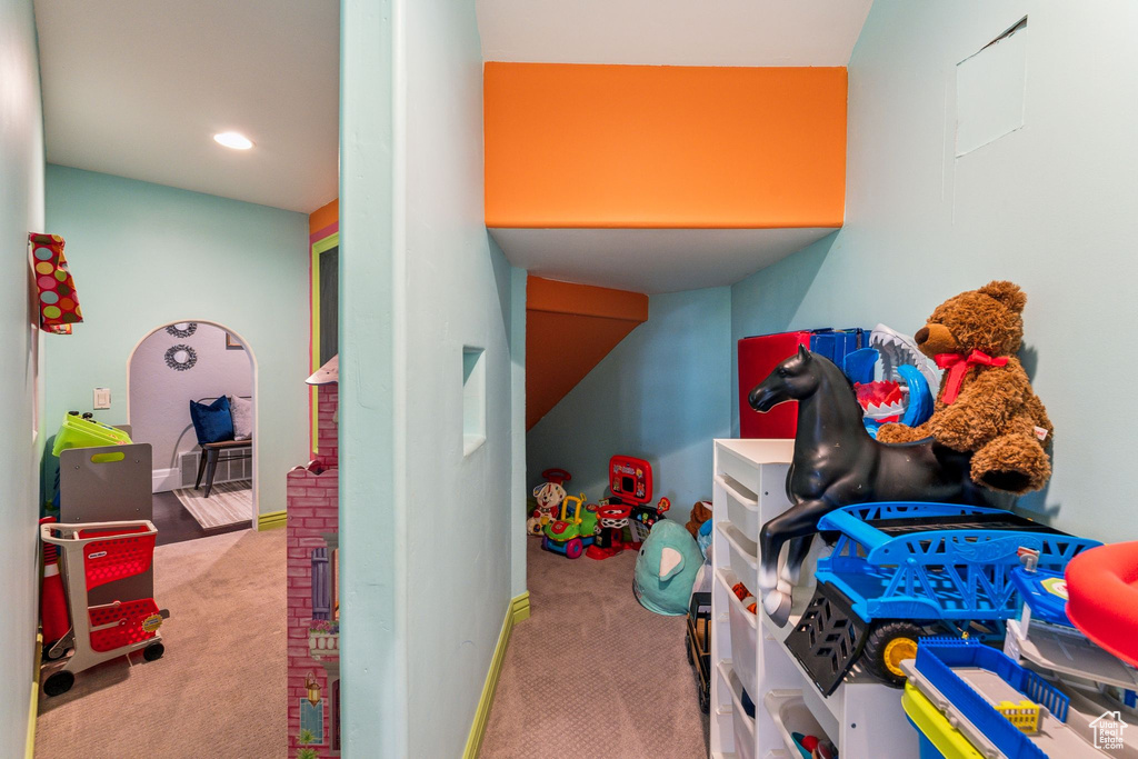 Game room featuring recessed lighting, carpet, and baseboards