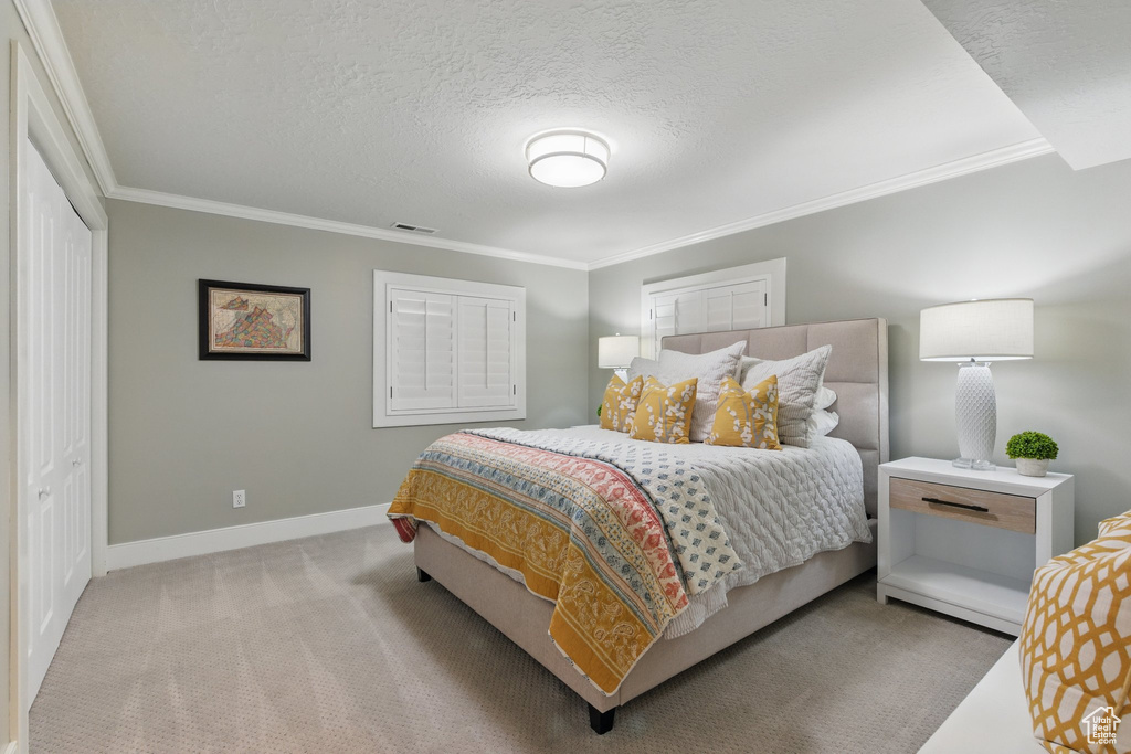 Bedroom featuring a textured ceiling, visible vents, carpet floors, baseboards, and ornamental molding