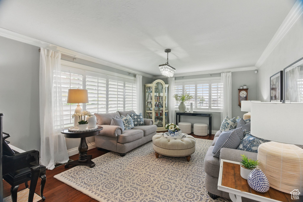 Living area featuring crown molding, baseboards, and wood finished floors