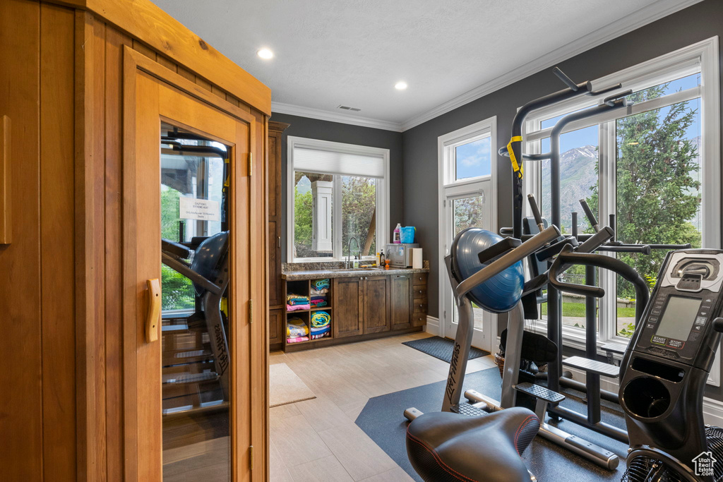 Workout area featuring crown molding, light wood finished floors, recessed lighting, baseboards, and visible vents