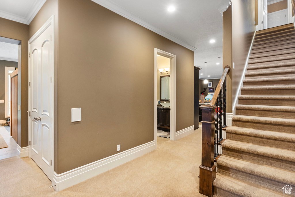 Stairway with recessed lighting, ornamental molding, carpet, and baseboards