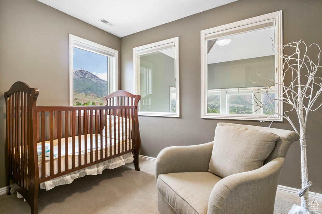 Carpeted bedroom featuring a nursery area, baseboards, visible vents, and multiple windows