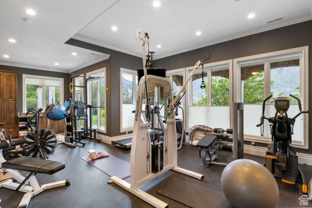 Workout area featuring baseboards, ornamental molding, recessed lighting, and visible vents