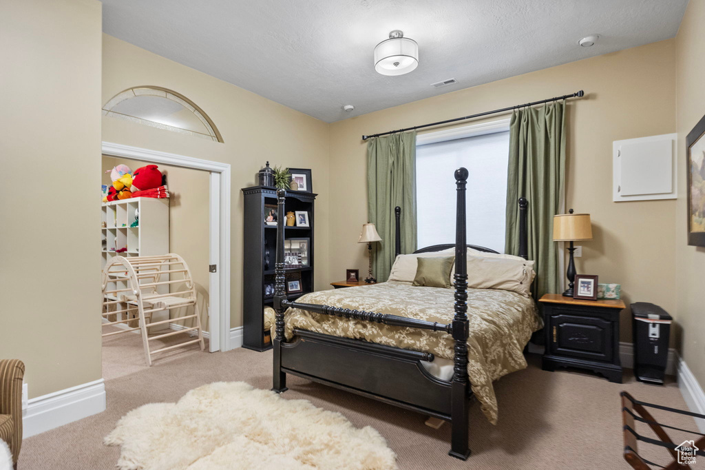 Carpeted bedroom with baseboards and visible vents