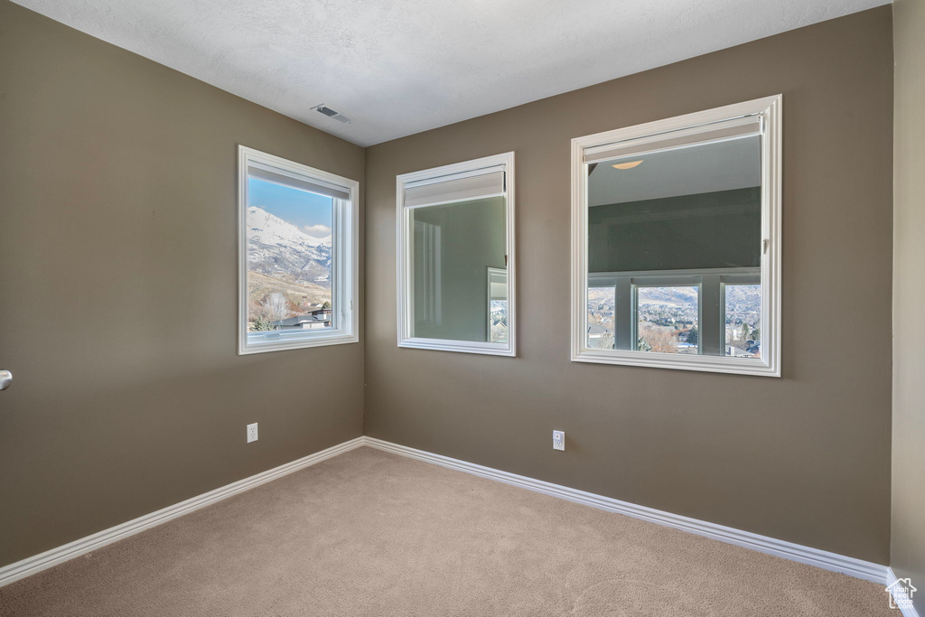 Carpeted spare room with baseboards and visible vents