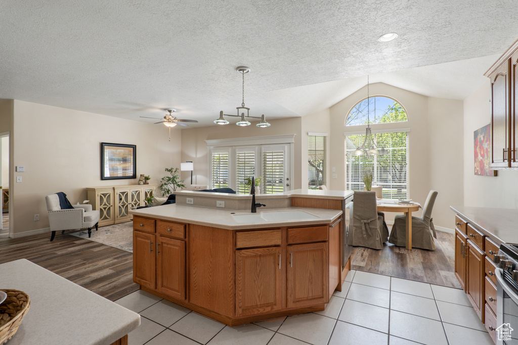 Kitchen with light countertops, plenty of natural light, vaulted ceiling, and open floor plan