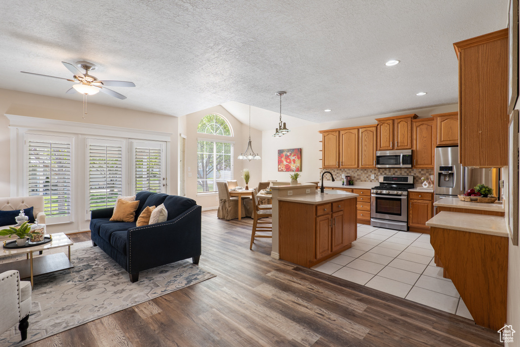 Kitchen with open floor plan, ceiling fan, light countertops, appliances with stainless steel finishes, and vaulted ceiling
