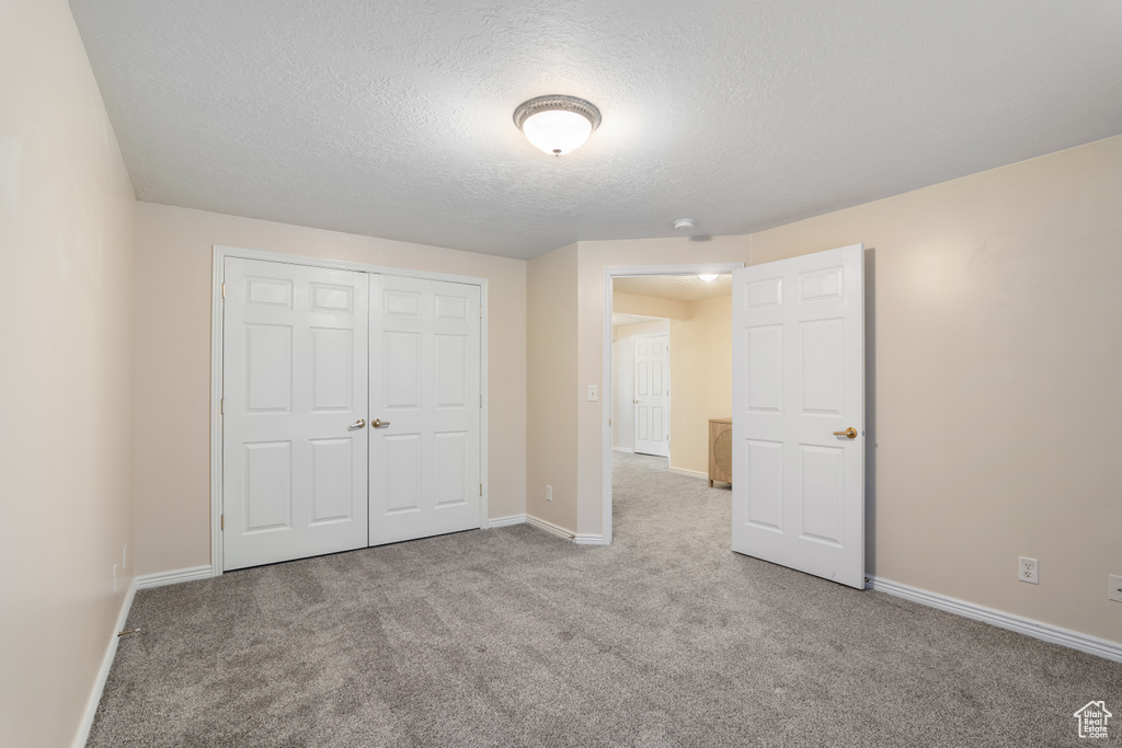 Unfurnished bedroom with carpet floors, baseboards, a closet, and a textured ceiling