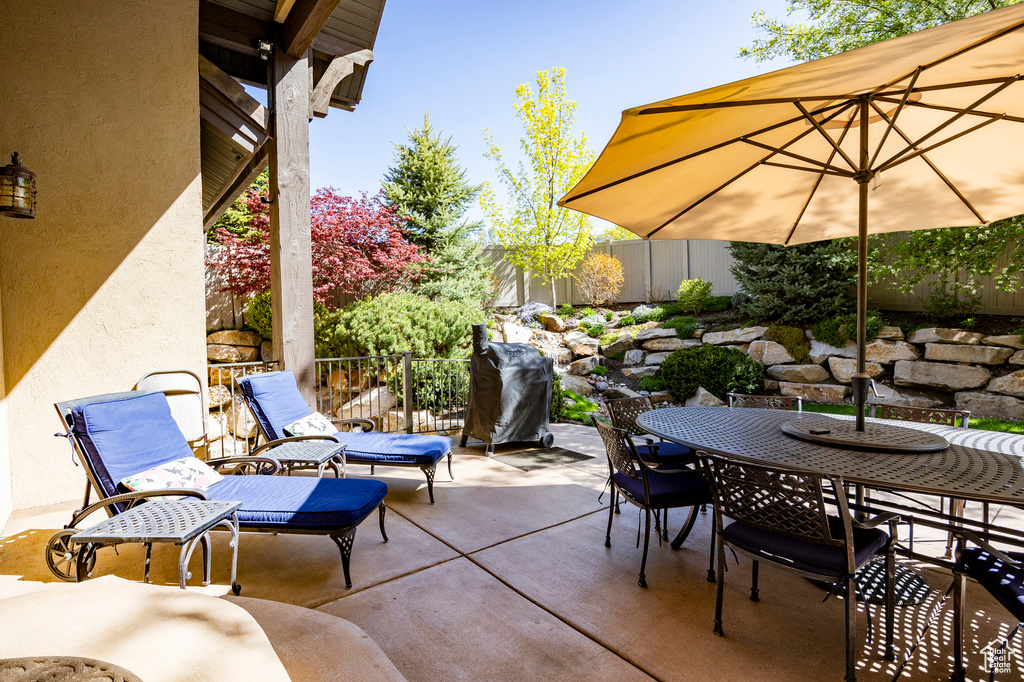 View of patio / terrace featuring outdoor dining area and a fenced backyard