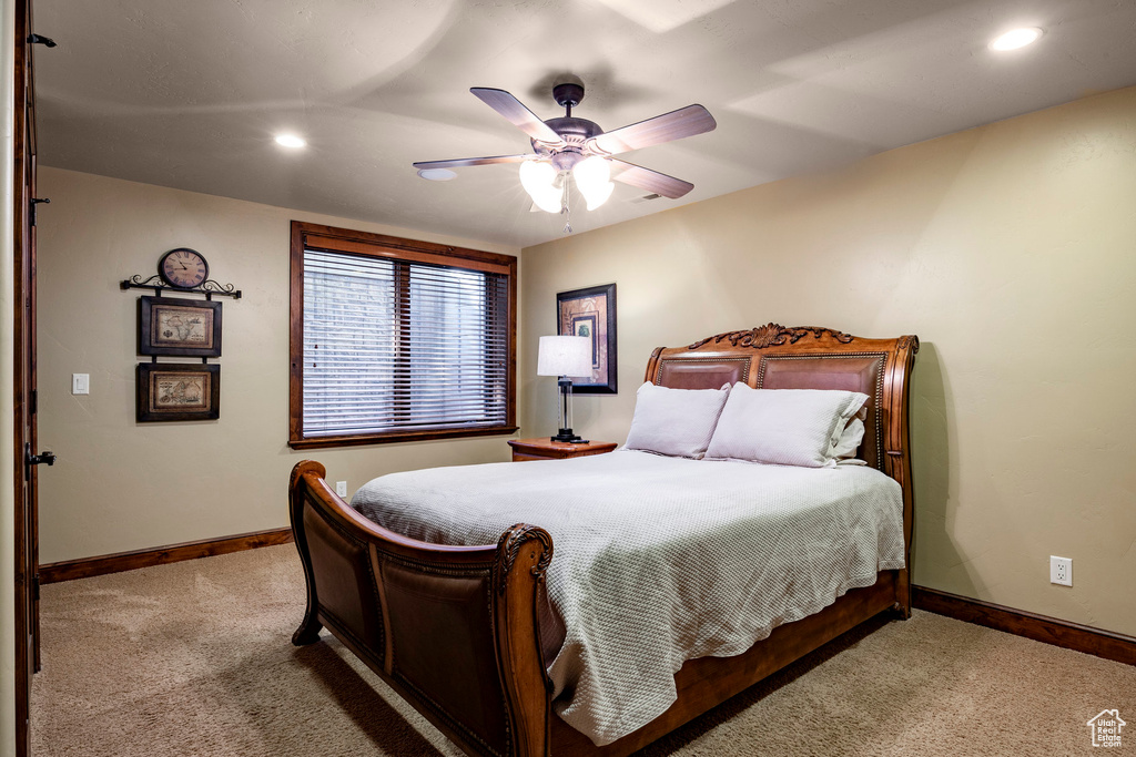 Bedroom with recessed lighting, baseboards, a ceiling fan, and carpet