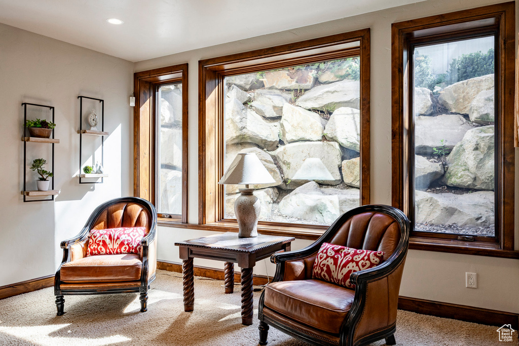 Sitting room featuring recessed lighting, baseboards, and carpet