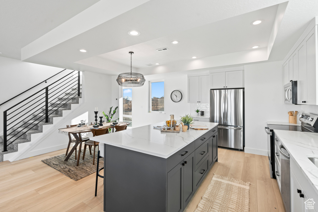 Kitchen with appliances with stainless steel finishes, light wood-type flooring, light stone counters, a tray ceiling, and recessed lighting