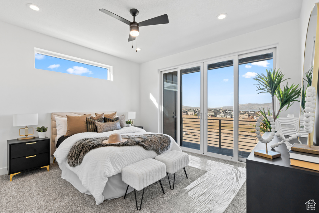 Bedroom with recessed lighting, ceiling fan, and access to exterior